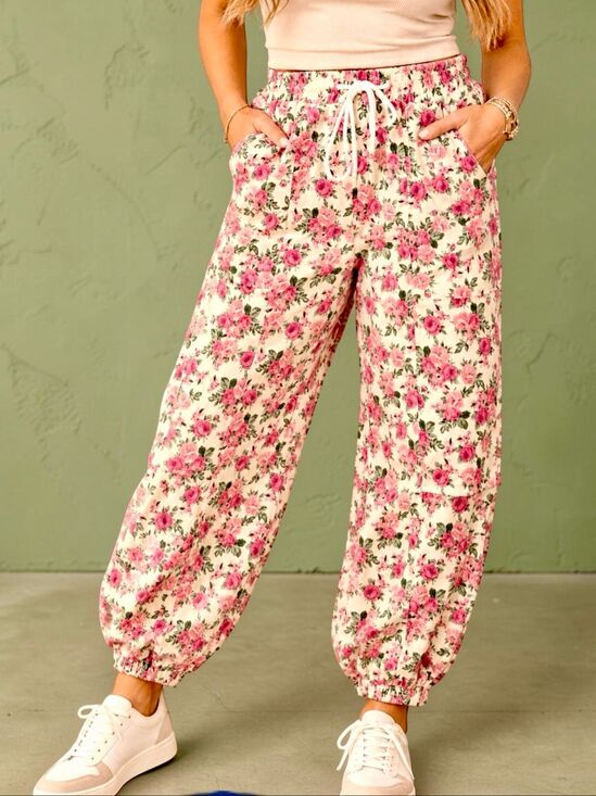 BiBi Pants - BiBi Floral Jogger Pants Pink Rose Drawstring Twill Elastic Waist Large NEW